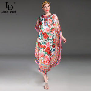 High Quality New 2017 Fashion Runway Spring Summer Dress Women's Charming Rose Floral Printed Beach Loose Dress