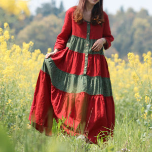 Spring Autumn Dress Women Bohemian Long Maxi Dresses Cotton Linen Shirt Dress Country Style Floral Patchwork Vestidos Robe Jurk