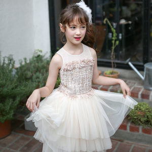 girls party Full dress kids 2017 summer sleeveless lace girl princess wedding dress apricot prom gowns 7 - 12y Children clothing