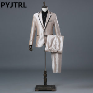 (Jacket+Pants) Men's Champagne Business Wedding Stage Show Dress Slim Suit Costume Mens Classic Suits