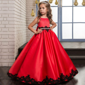 Fancy Kids Pageant Dresses Glitz Sleeveless Red Satin Black Lace Appliques Beading Tank Long Communion Dresses with Belt Bow 12