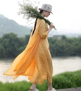 LinenAll.com cwomen's dress, summer thin ramie yellow double layer lacing on both sides loose dress gown female YIJIU