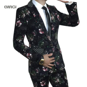 Men Casual Blazer Flower Suits+pant Fashion Slim Fit Male Dress Suit Wedding Suits Stage Clothing Homme Plus Size M-5XL